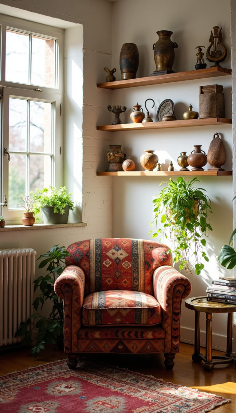Sunlit artist’s studio corner with white brick walls, global artifacts on floating shelves, a Turkish kilim armchair, brass side table, and trailing philodendrons, bathed in golden hour light.