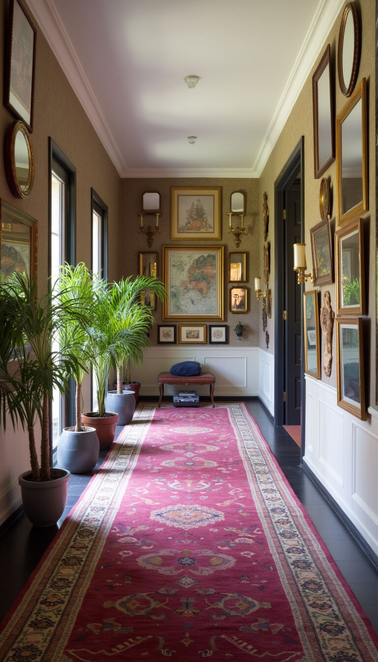 Maximalist hallway with vintage mirror gallery wall, global artwork, berry-toned runner over Persian rug, brass sconces, and potted palms.