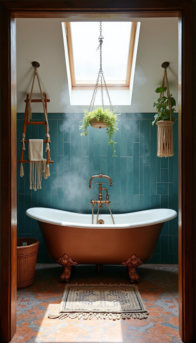 Boho bathroom with clawfoot tub under skylight, Moroccan blue and copper tiles, macramé plant hangers, vintage ladder, and steamy natural light.