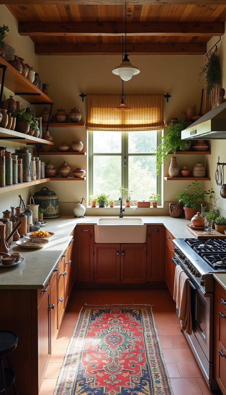 Global-inspired kitchen with open shelves of earth-toned ceramics, vintage Turkish runner on terra cotta tiles, copper cookware, and morning light through café curtains.