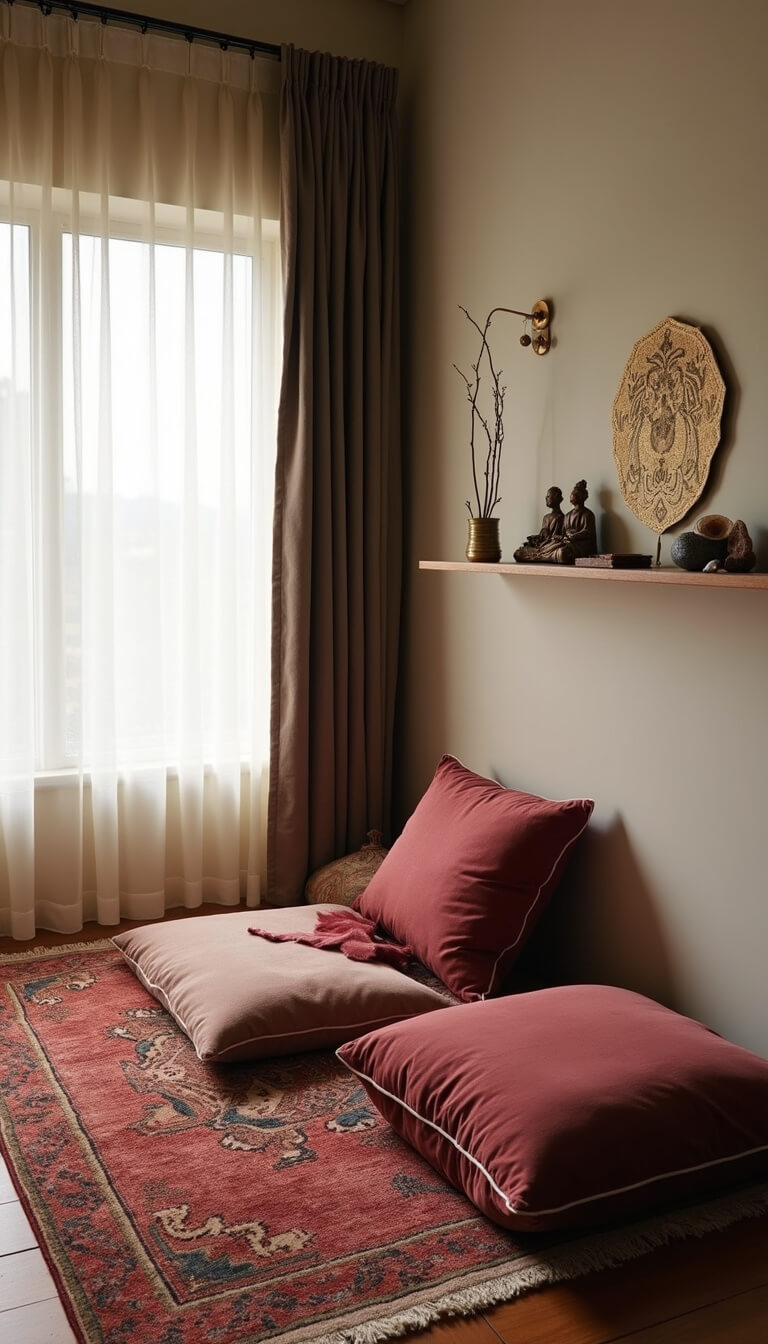 Meditation corner with jewel-tone floor cushions on layered vintage rugs, brass incense holder, floating shelf with crystals and carvings, and sheer curtains filtering soft light.