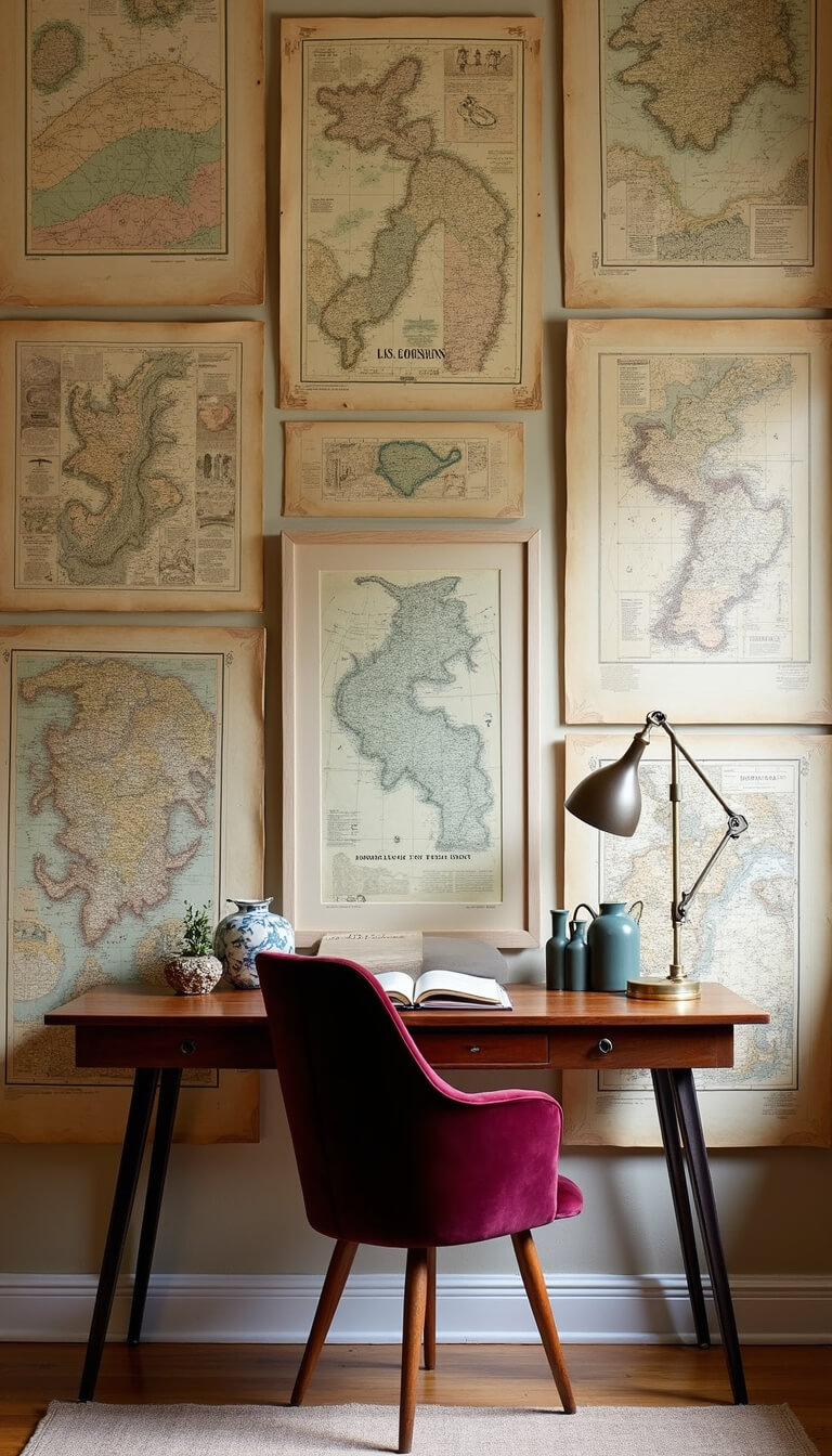 Home office with mid-century desk, burgundy velvet chair, brass lamp, and vintage map and botanical print backdrop.