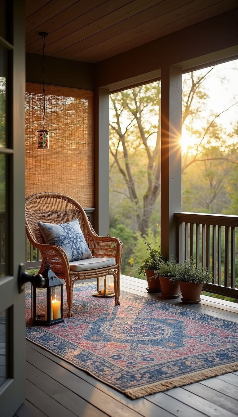 Bohemian-style covered porch with hanging rattan chair, indigo rugs, Moroccan lanterns, potted succulents, and golden hour light filtering through bamboo screens.