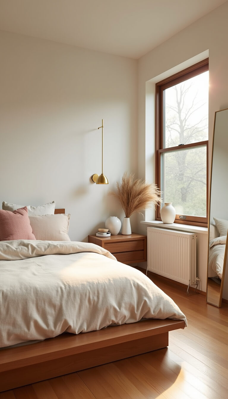 Sunlit 10x12ft bedroom with white walls, oak floors, low platform bed, beige linens, brass sconce, and natural decor at golden hour.