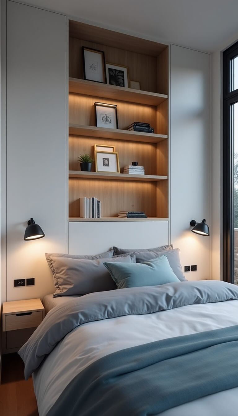 Cozy 8x10ft bedroom at dusk with pale gray walls, a white murphy bed in cool gray and ice blue linens, wall sconces casting soft light, floating oak shelves with minimal decor, and brass frames reflecting ambient light.