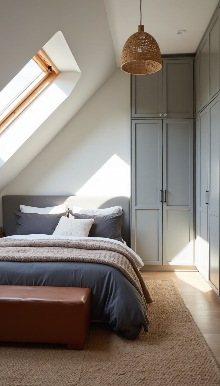Cozy 9x11ft attic bedroom with sloped white ceilings, platform bed in charcoal linens, skylight lighting, gray built-in storage, and textured decor elements.