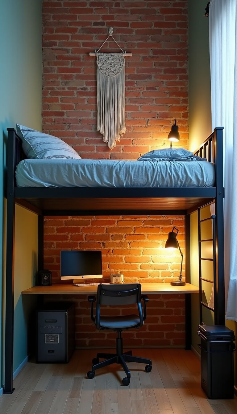 Compact urban bedroom with black metal loft bed, workspace underneath, exposed brick wall, gauzy curtains, macramé decor, sage green accent wall, and ambient LED lighting.