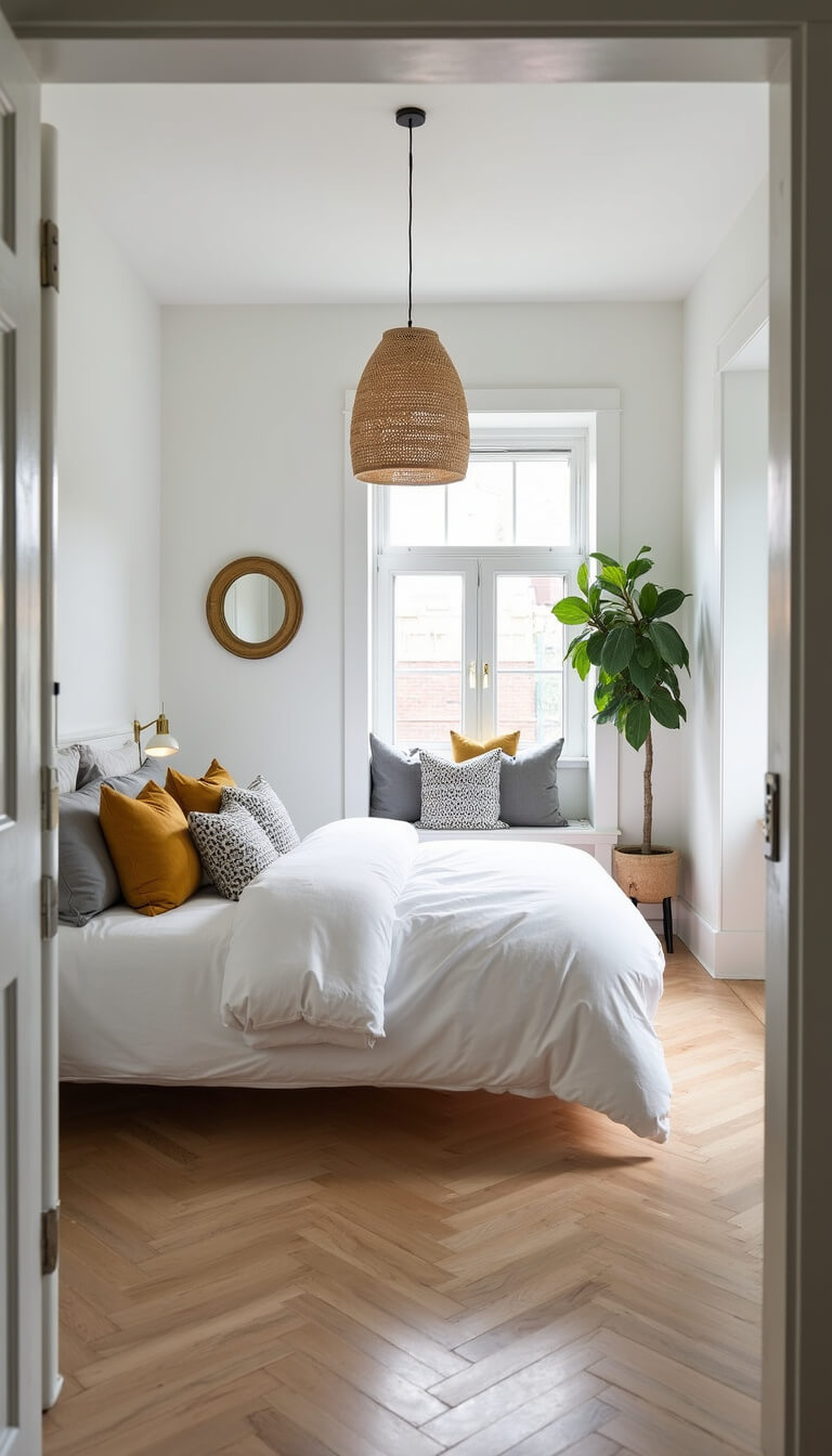 Scandinavian-style 10x10ft bedroom with white walls, maple floors, queen bed, rattan pendant light, window seat, and natural light.