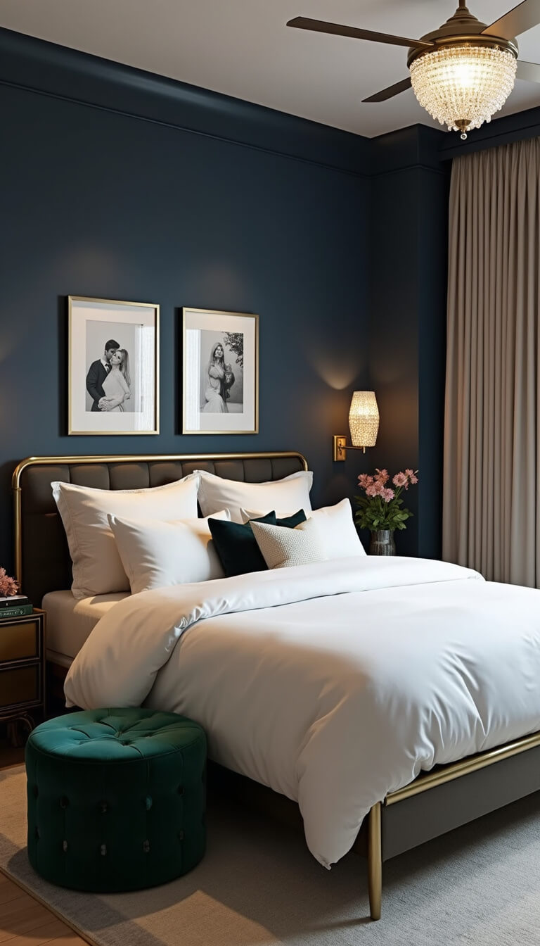 Twilight-lit 8x12ft serene bedroom with navy accent wall, brass bed in ivory linens, emerald green velvet ottoman, crystal sconces, and modern ceiling fan.