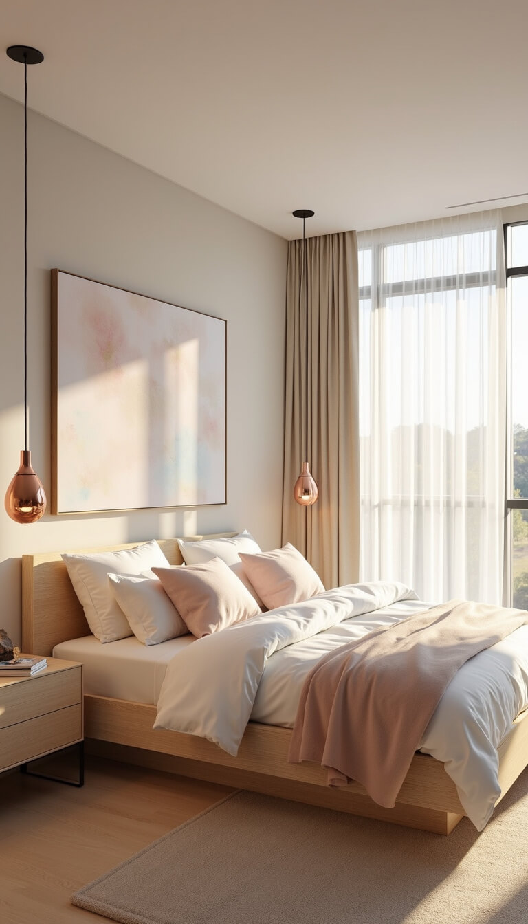 Minimalist 9x10ft bedroom with platform bed, soft pastel bedding, floor-to-ceiling sheer drapes, and warm golden hour lighting.