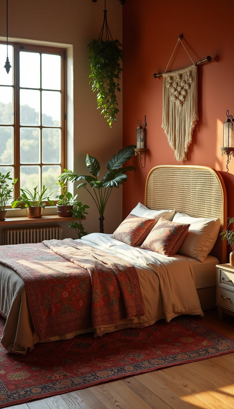 Bohemian bedroom at sunrise with terracotta accent wall, rattan headboard, layered vintage rugs, hanging plants, and macramé wall decor.