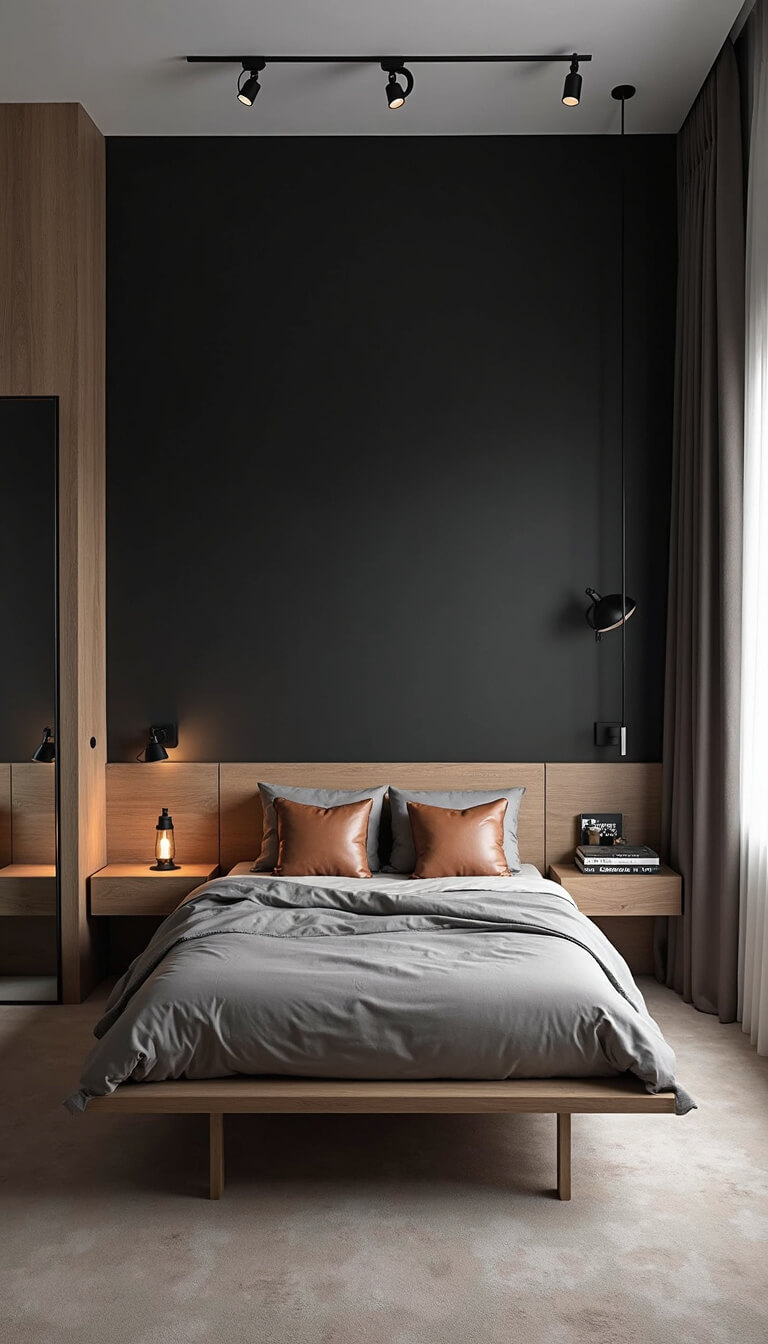 Contemporary 10x11ft bedroom with black accent wall, floating oak bed, gray bedding, leather pillows, track lighting, and large black-framed mirror.