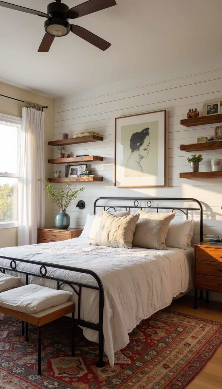 Rustic-modern 9x12ft bedroom with soft white shiplap wall, iron bed frame, layered kilim and sisal rugs, black metal sconces, oversized artwork, reclaimed wood shelves, and warm golden hour lighting.