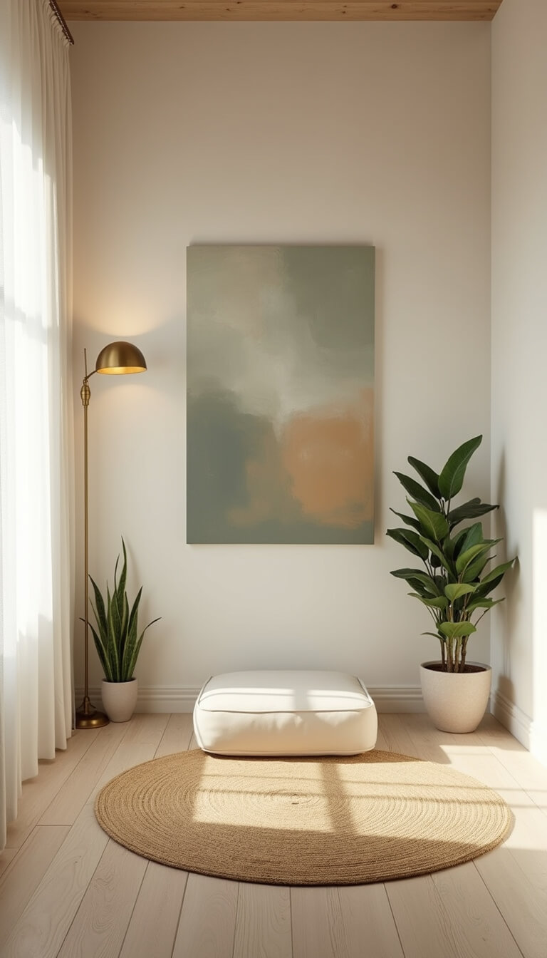 Minimalist 12x14ft meditation room with white oak floors, low platform seat, jute rug, snake plants, and soft morning light through sheer curtains.