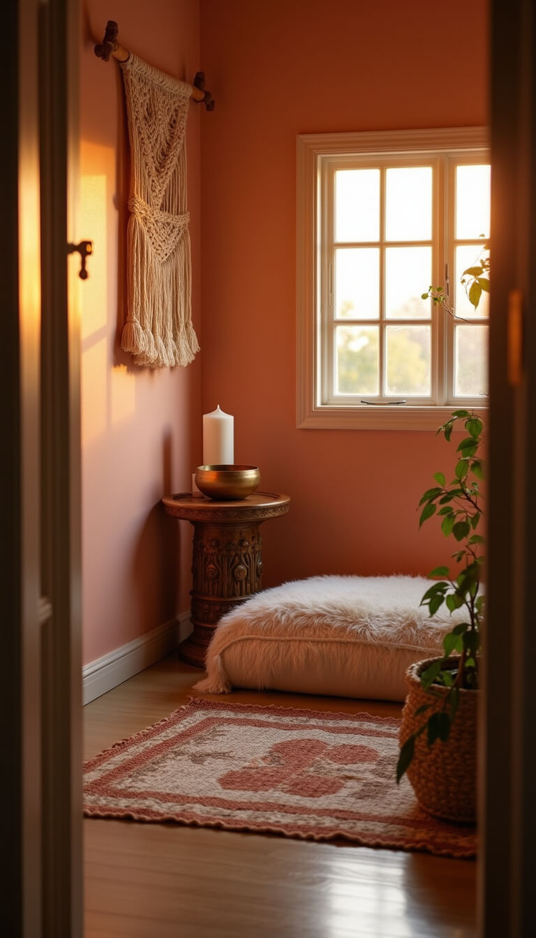 Cozy 8x10ft meditation nook with blush walls glowing at sunset, ivory cushion on geometric rug, wooden altar with brass singing bowl and candle, macramé hanging, and warm, dramatic lighting.