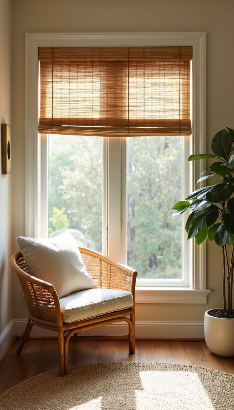 Cozy 10x12ft meditation corner with rattan chair, bouclé cushions, bay window with bamboo blinds, dappled afternoon light, hemp rug, brass wall sculpture, and fiddle leaf fig.