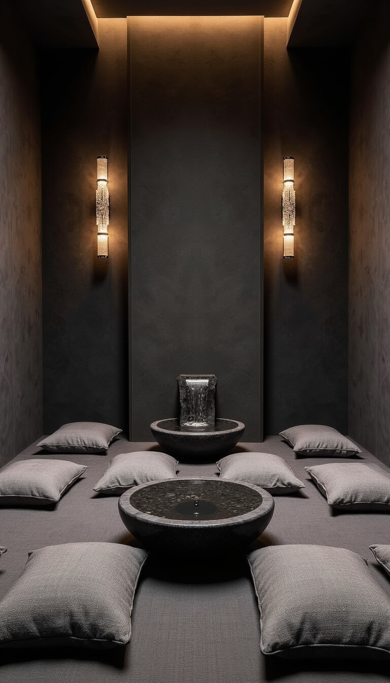 Moody meditation room with charcoal wallpaper, slate floor cushions in crescent layout, black stone fountain, soft cove lighting, and crystal sconces at dusk.