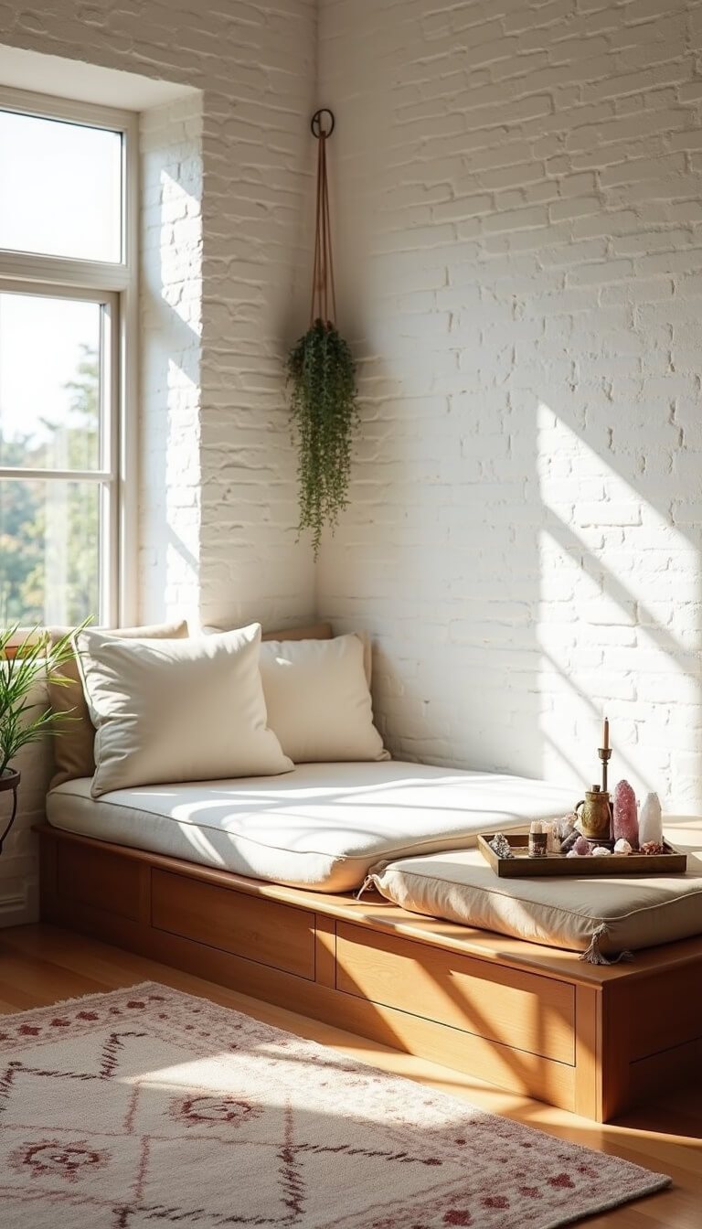 Bright corner meditation space with white brick walls, elevated cushion platform, Moroccan rug, altar with crystals and incense, and hanging air plants.