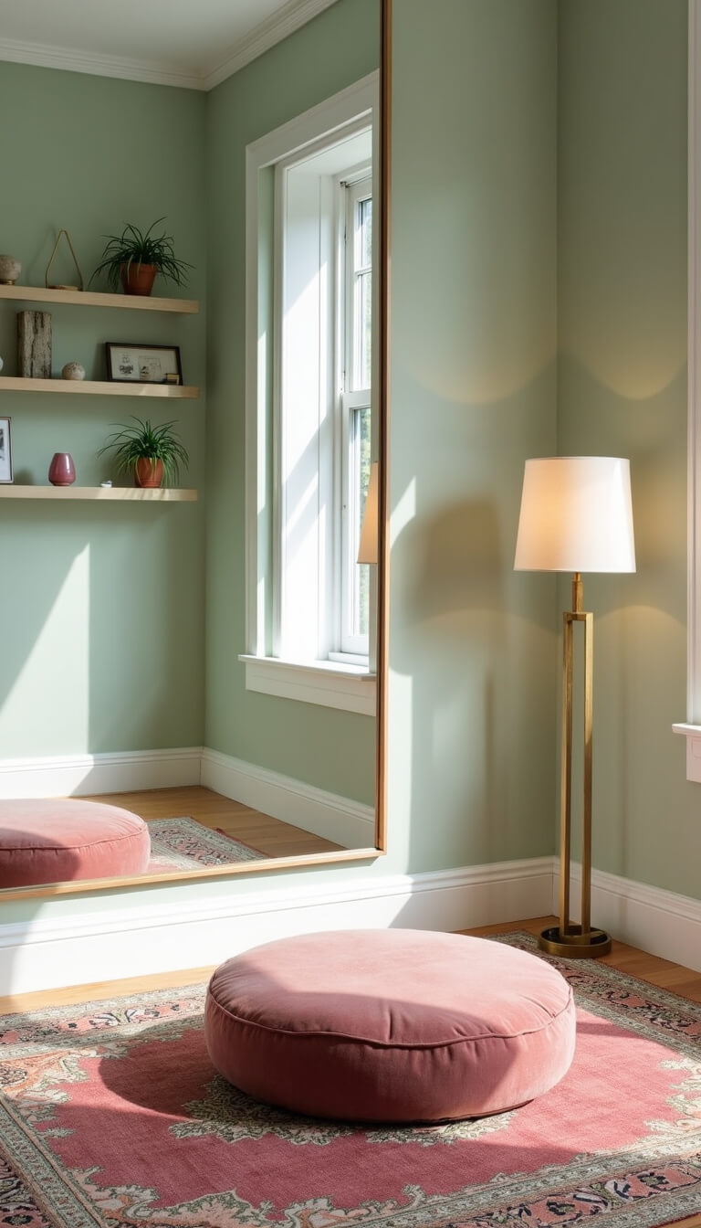 Meditation sanctuary with sage green walls, dusty rose cushion on Persian rug, mirrors reflecting soft midday light, and shelves holding crystals and air plants.