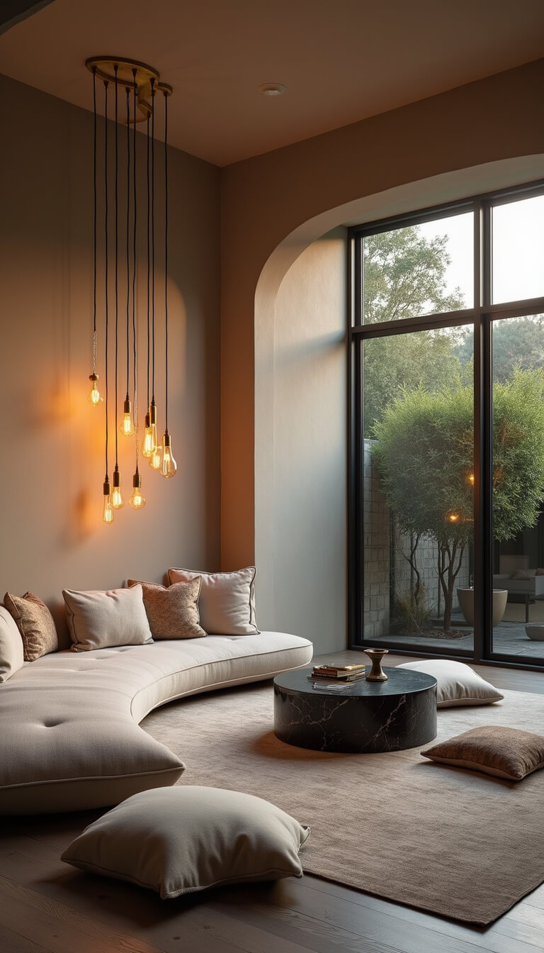 Luxury 16x20ft meditation studio at twilight with ivory Venetian plaster walls, curved ivory bouclé sofa, silk floor cushions, brass pendant lights, black marble water feature, and moody evening lighting.