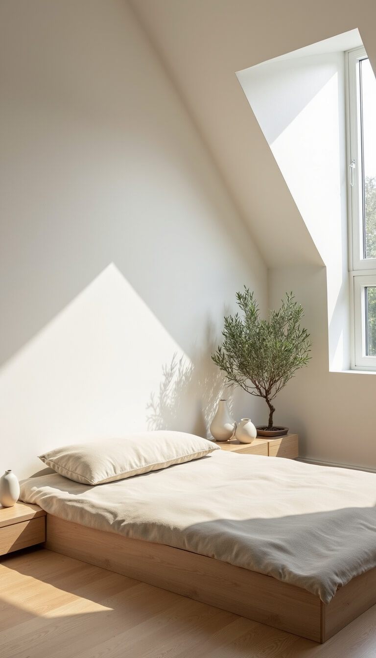 Minimalist 10x12ft meditation pod with white textured walls, low bleached oak platform bed, oversized oatmeal floor cushion, ceramic altar vessels, and potted olive tree bathed in bright morning light.