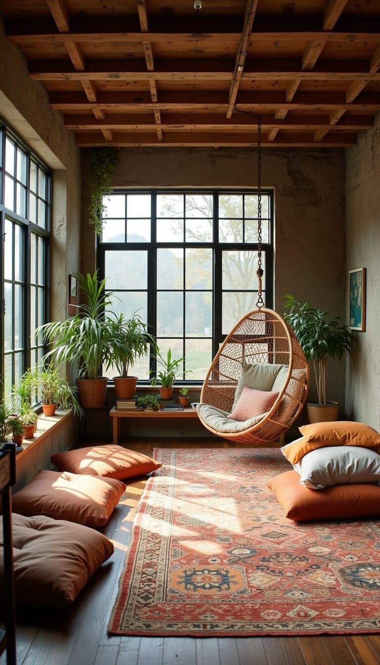 Rustic 13x15ft meditation loft with exposed beams, reclaimed wood floors layered with kilim rugs, leather and canvas cushions, a hanging rattan chair, trailing plants, and industrial windows streaming warm natural light.