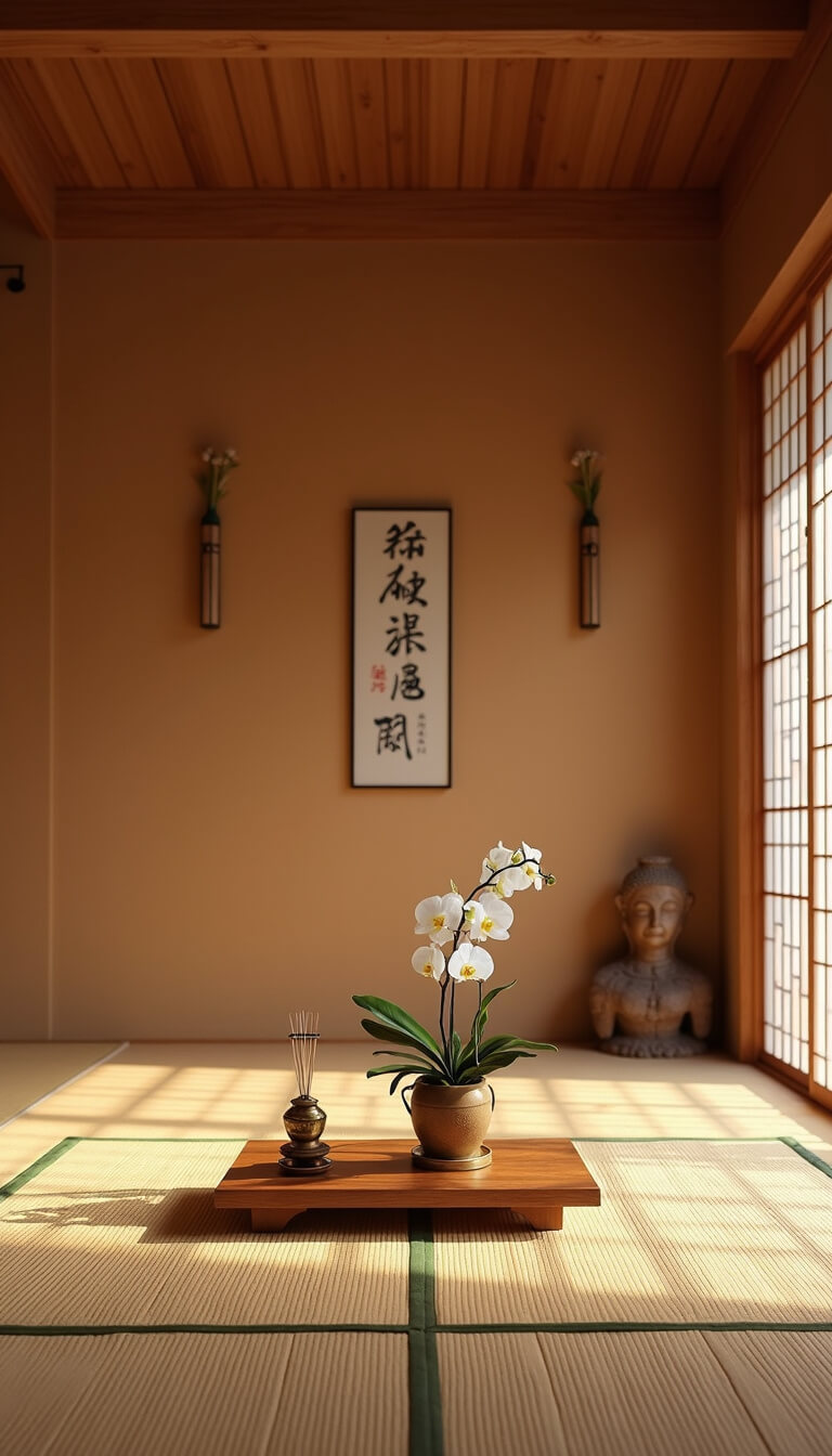 Zen meditation room at dawn with clay walls, tatami mats, shoji screens, low altar table with orchid and incense, and bamboo wall art.