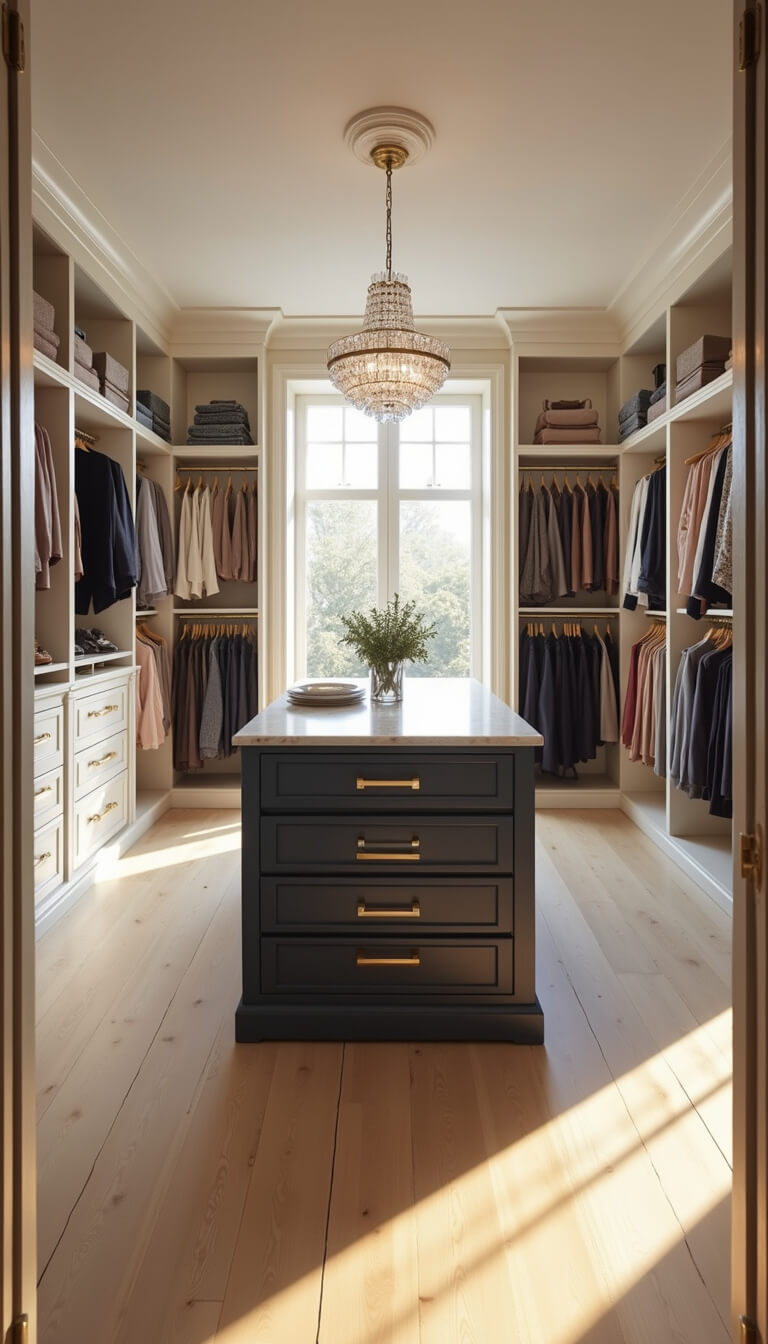 Luxurious 12x15ft walk-in closet at golden hour with sunlight streaming through a floor-to-ceiling window, highlighting a navy central island with brass hardware, white oak floors, custom white shelving with color-coordinated clothes, and a crystal chandelier.