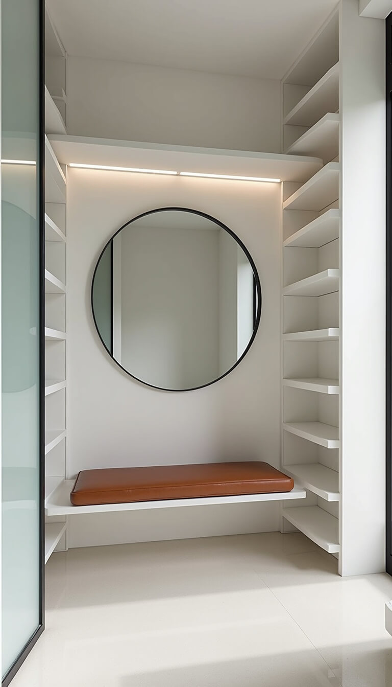 Modern minimalist 8x10ft closet with white shelving, LED lighting, cognac leather bench, round mirror, and matte black hardware in morning light.