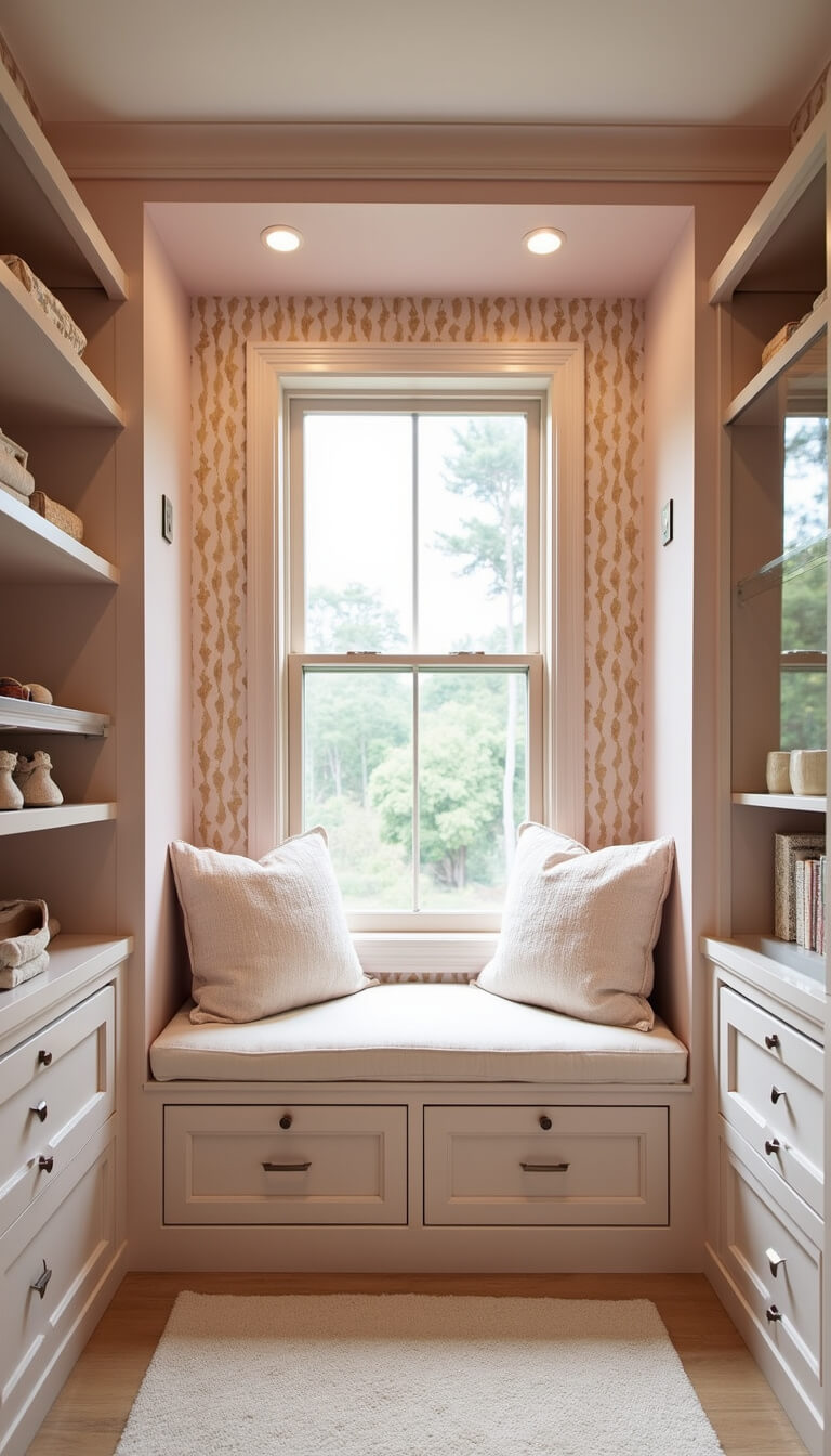 Cozy 10x12ft transitional closet with blush pink walls, gold geometric wallpaper, built-in window seat, glass-front shoe shelves, and soft natural lighting.