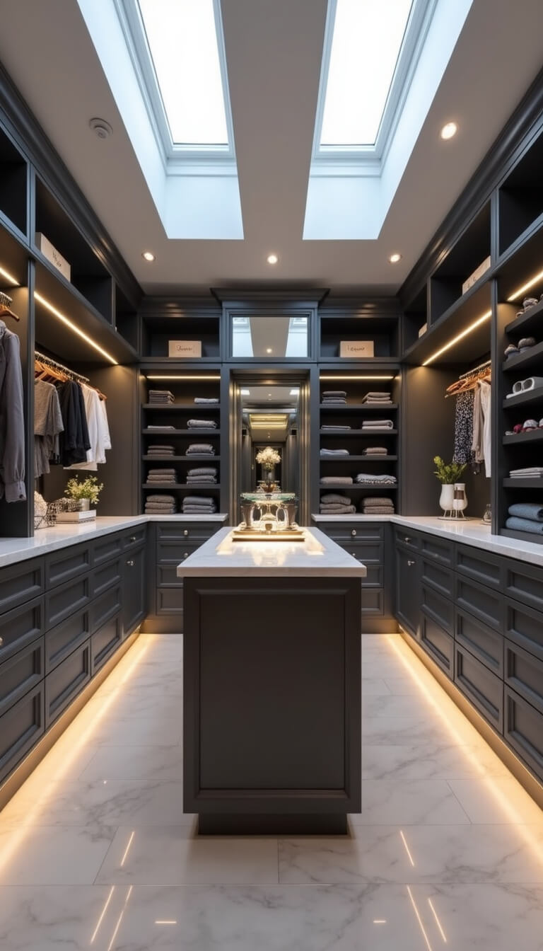 Modern 14x16ft charcoal gray closet with white quartz counters, central rotating LED-lit jewelry island, ambient floor LED strips, and chrome-glass accents in afternoon skylight.
