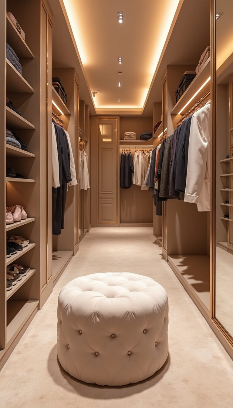 Luxurious boutique-style 12x14ft closet with rose gold hardware, pearl velvet ottoman, backlit mirrors, champagne LED lighting, and plush cream carpet in warm evening ambiance.