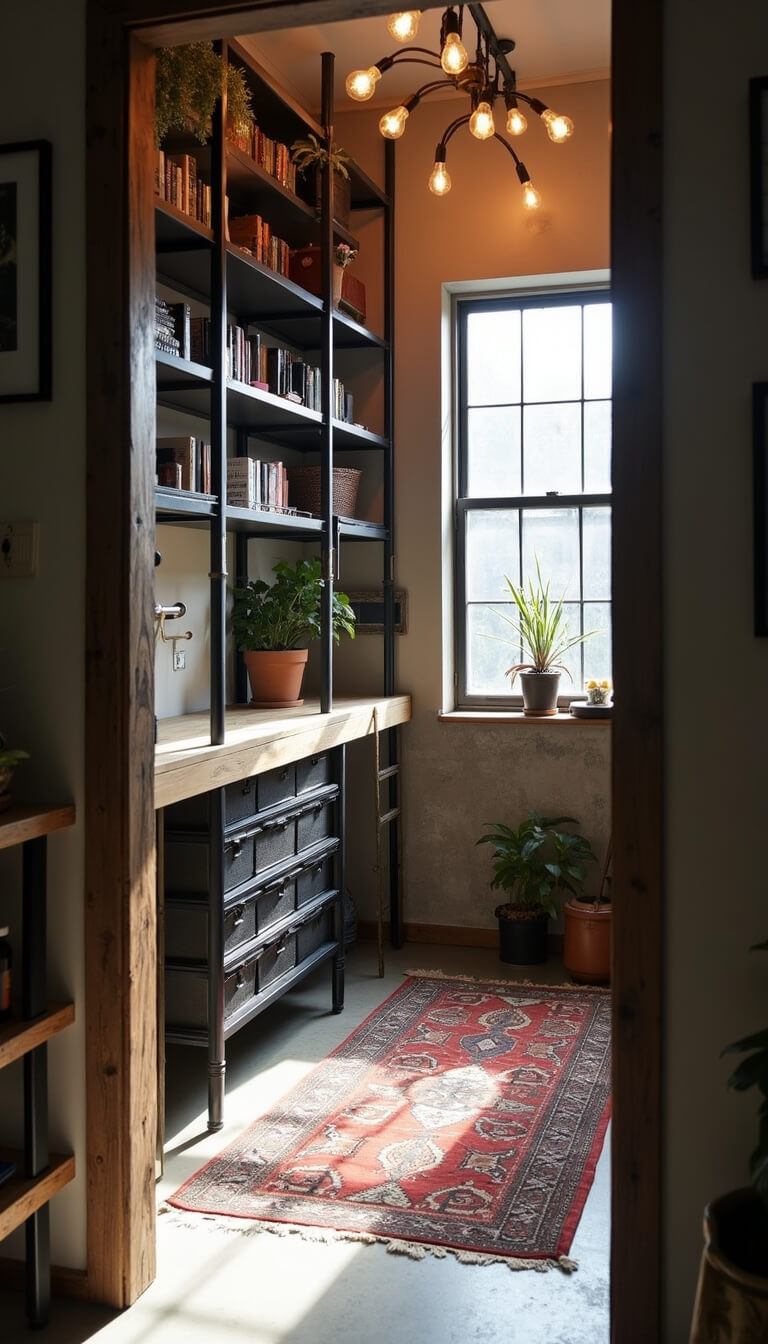 Industrial-chic 11x13ft closet with black metal shelving, reclaimed wood accents, rolling ladder, concrete floors, vintage Persian rug, and morning light through steel-framed windows.