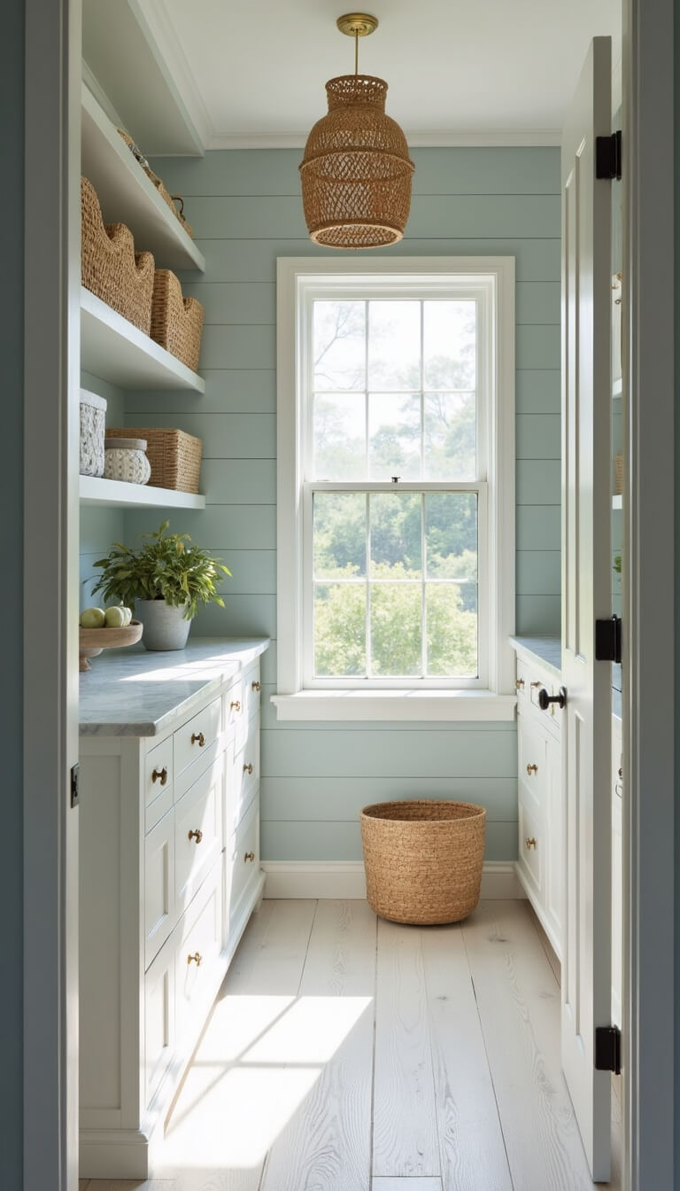 Coastal-style 9x11ft closet with shiplap pale blue-gray accent wall, built-in marble-top dresser with rope pulls, rattan pendant light, seagrass baskets, and whitewashed wide-plank floors in soft afternoon light.