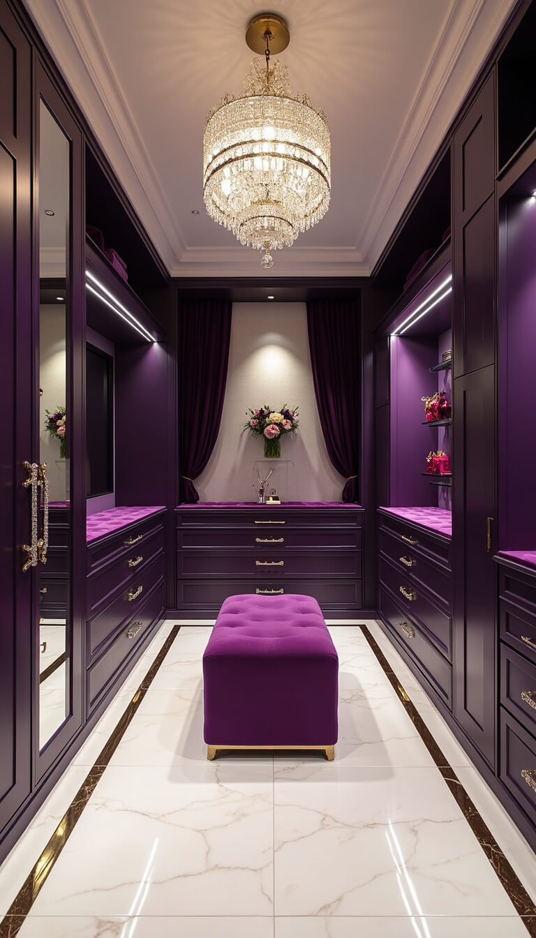Luxurious 13x15ft closet with mirror-fronted cabinets, crystal handles, amethyst velvet seating, crystal drum chandelier, white marble floor with metallic inlay, and dramatic accent lighting.