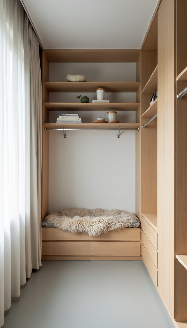 Scandinavian-style 10x12ft closet with blonde wood built-ins, floating shelves, sheepskin throw on bench, and morning light through sheer curtains.