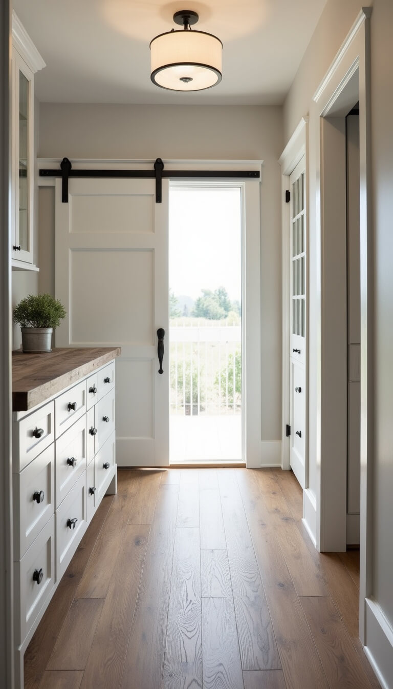 Modern farmhouse 11x13ft closet with white shaker cabinets, black hardware, barn wood island, sliding barn door, and wide plank oak floors in soft natural light.