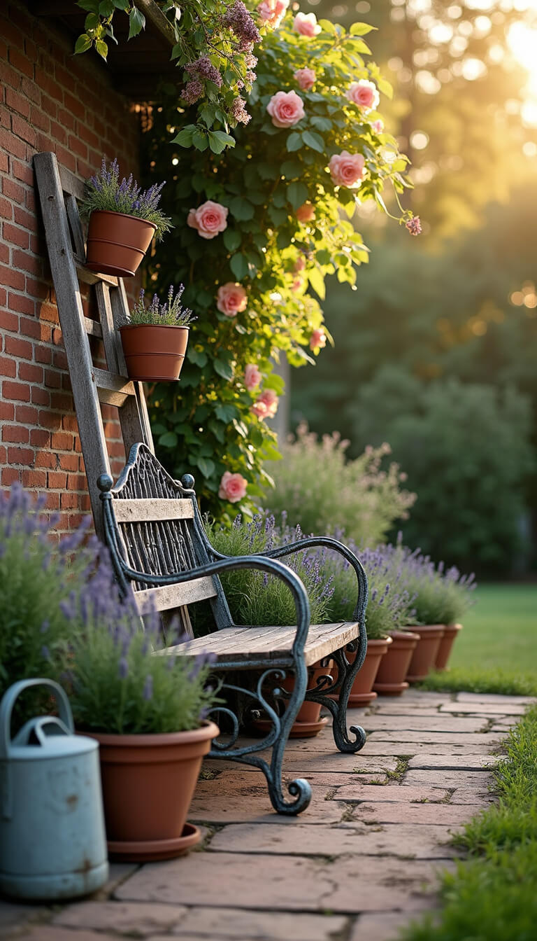 Vintage garden scene at golden hour with wrought iron bench, climbing roses, terracotta pots of lavender and sage, and rustic ladder with enamelware planters in soft, muted tones.