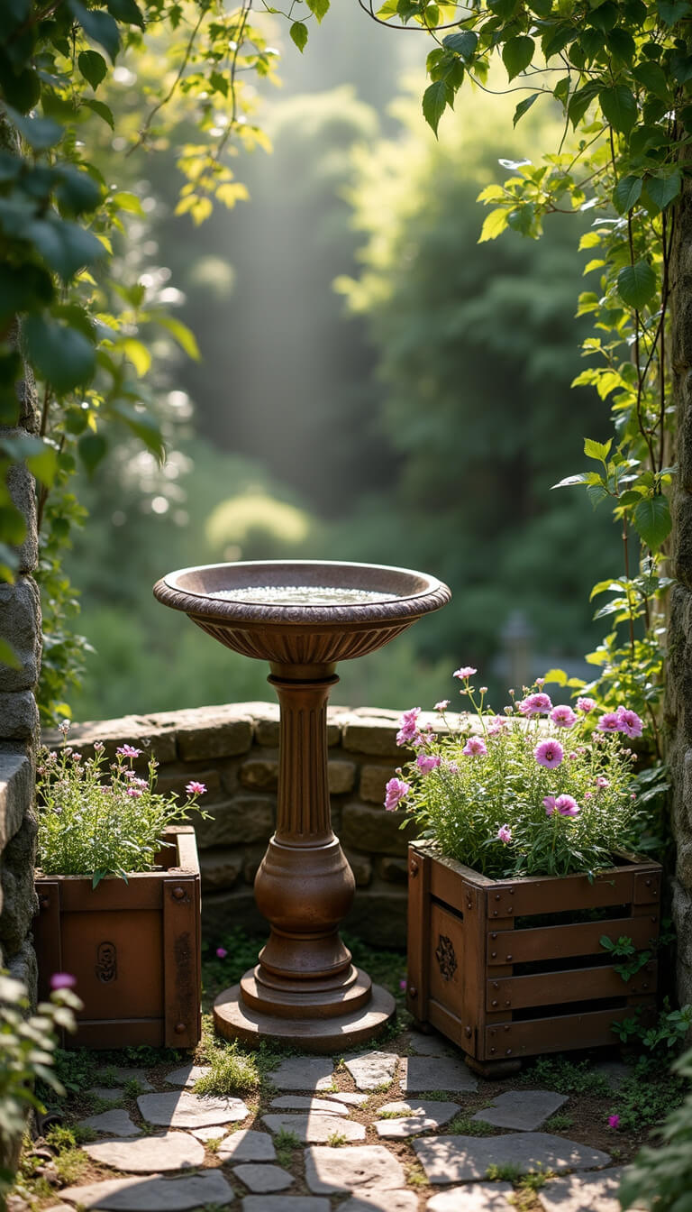 Aerial view of a cozy garden with an antique copper bird bath center, surrounded by vintage milk crate planters on cobblestones, morning dew shimmering under dappled sunlight through trees, with pastel flowers and trailing vines.