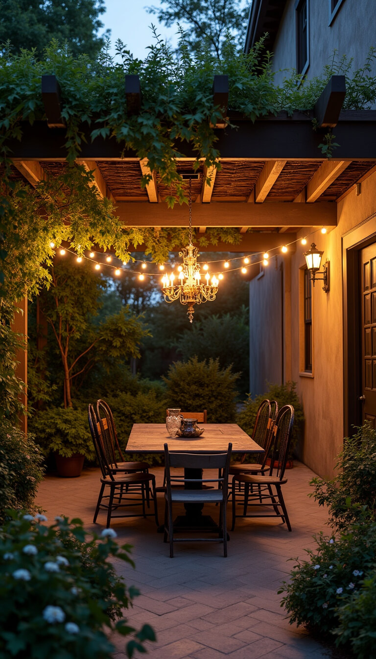 Cozy 15x15ft courtyard at dusk with solar-lit vintage chandelier, antique chairs around salvaged farm table, bed spring trellis with moonflowers, and warm ambient lighting in a moody atmosphere.