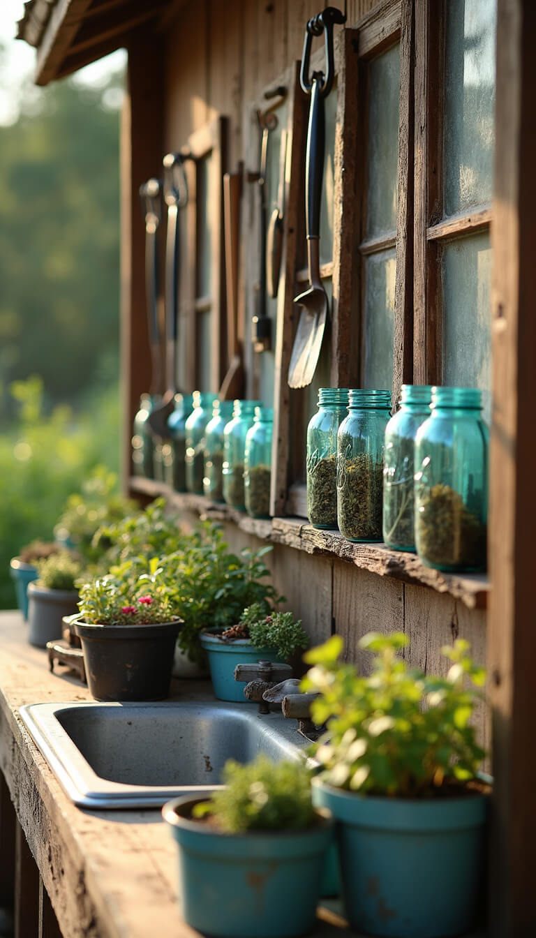 Close-up of rustic potting station with vintage garden tools, zinc sink, blue mason jars of dried herbs, and repurposed window frames for plant propagation.