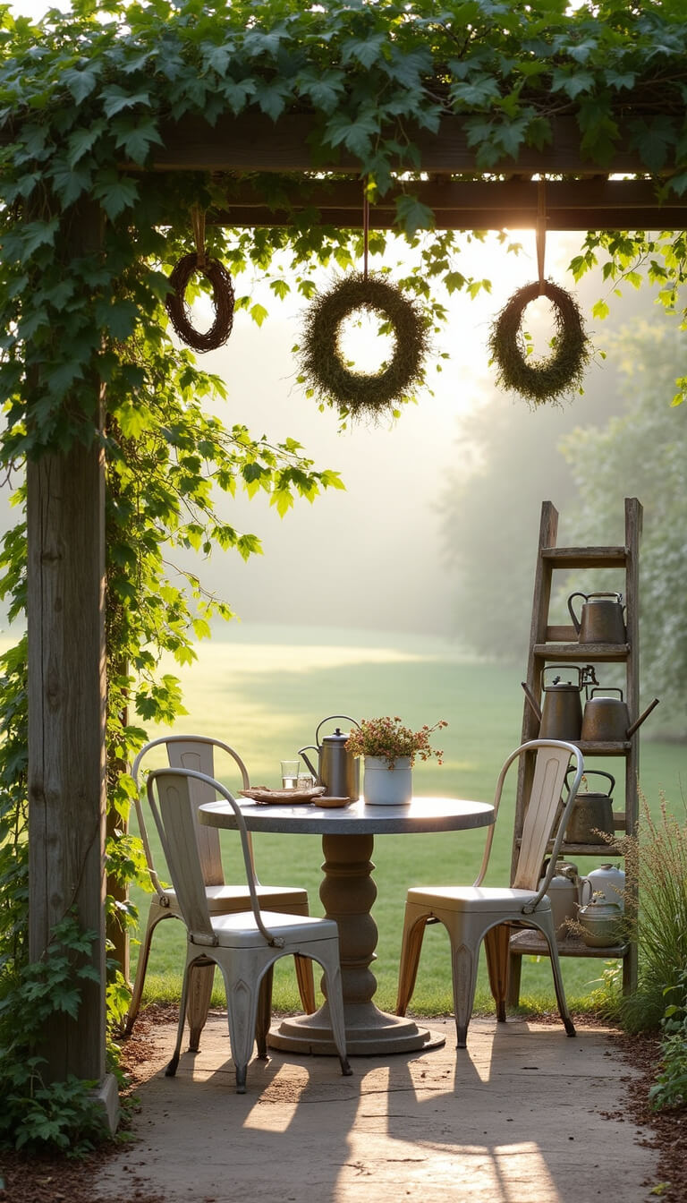 Morning light filters through grapevine-covered arbor onto French farmhouse seating with distressed metal chairs, zinc-top table, antique watering cans on wooden ladder, and soft misty backlight in cream, sage, and weathered zinc tones.