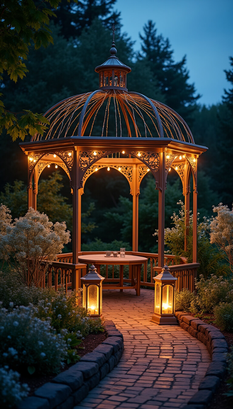 Antique iron gazebo with string lights and vintage lanterns, surrounded by brick-edged flower beds of white blooms and silver foliage, captured at twilight with dreamy blue and amber tones.