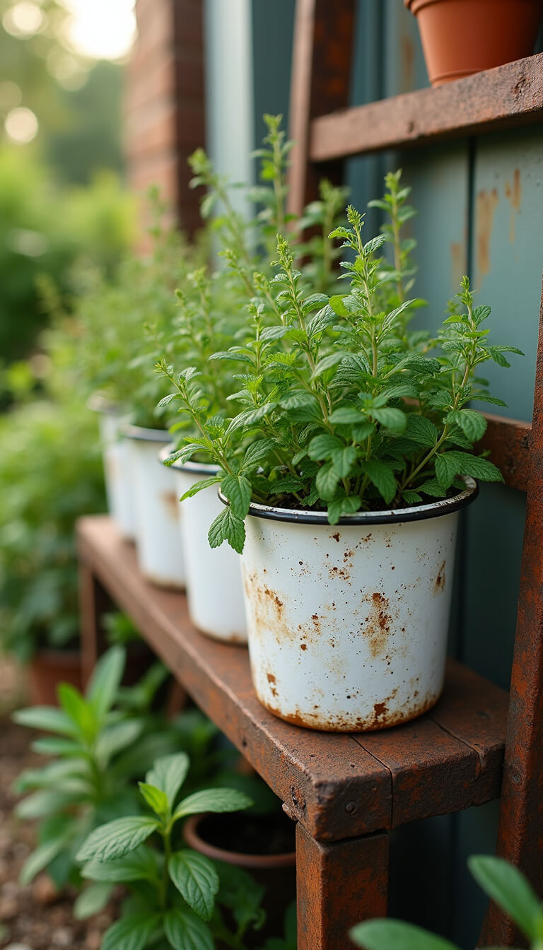 Close-up of vintage enamelware planters with mint and thyme spilling over edges, set in a rustic herb garden with morning light highlighting rust textures and fresh greenery.