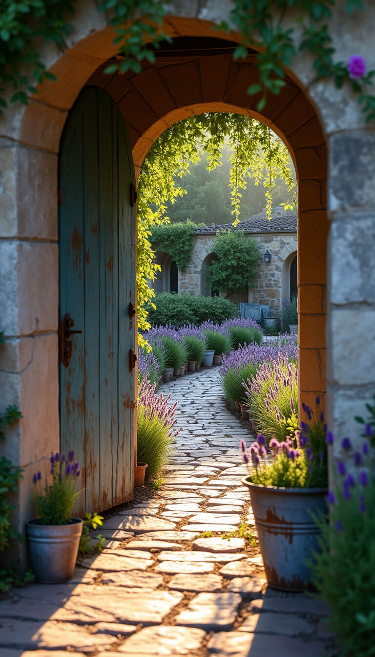 Antique garden gate with peeling paint framed by salvaged architecture, leading to a lavender-lined path in vintage olive buckets, bathed in golden hour light with layered foliage in foreground.