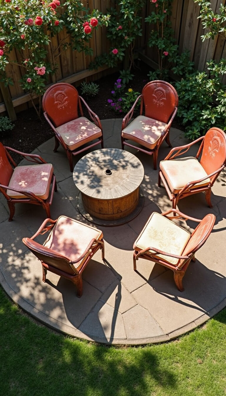 Overhead view of rustic circular seating area with vintage metal chairs and wooden spool table, surrounded by garden flowers and roses.