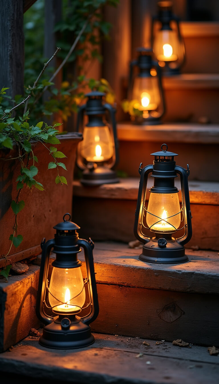 Vintage oil lanterns glowing on weathered wooden steps with ivy in a repurposed toolbox, bathed in warm candlelight.