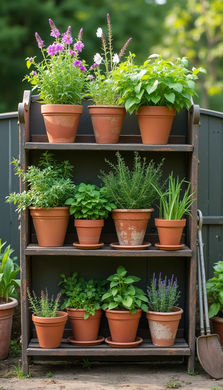 Antique baker's rack in morning kitchen garden holding terracotta pots with herbs and edible flowers, vintage tools nearby, soft early light and earthy tones.