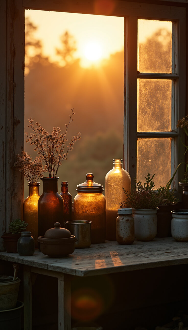 Sepia-toned sunset view of vintage greenhouse with apothecary bottles, mason jars, and dried flowers on weathered potting bench, backlit for silhouettes and lens flare.