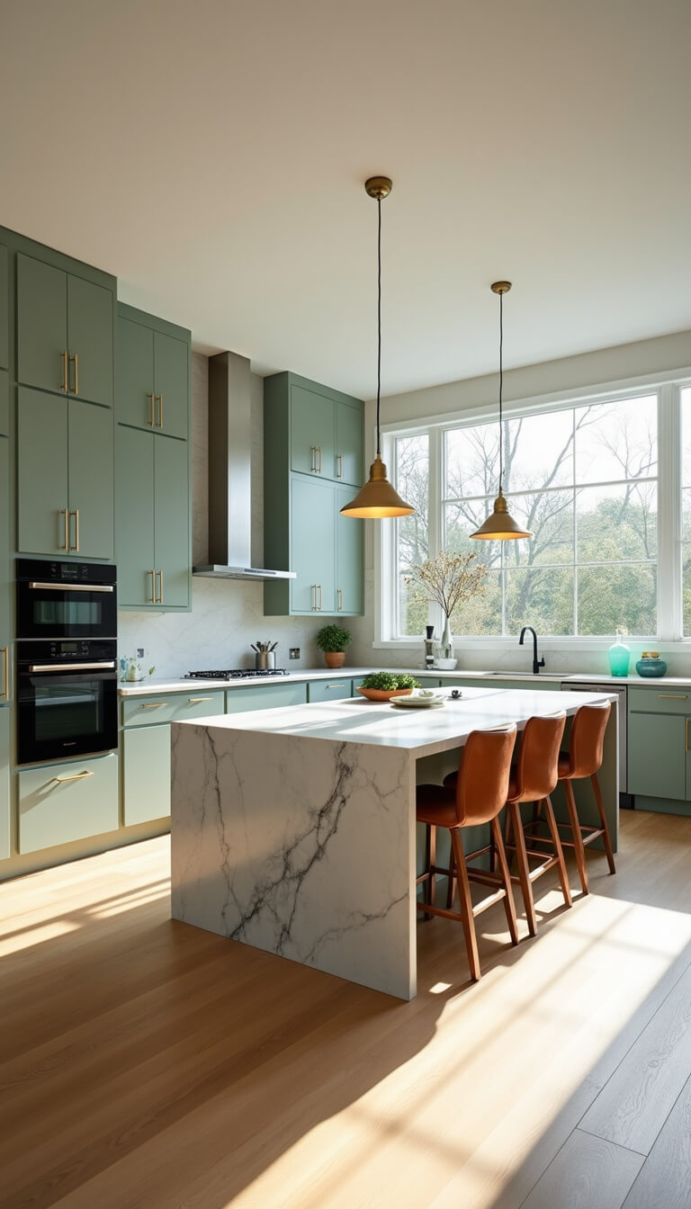 Modern 12x15ft kitchen with sage green shaker cabinets, marble waterfall island, brass pendant lights, and floor-to-ceiling windows streaming morning light.